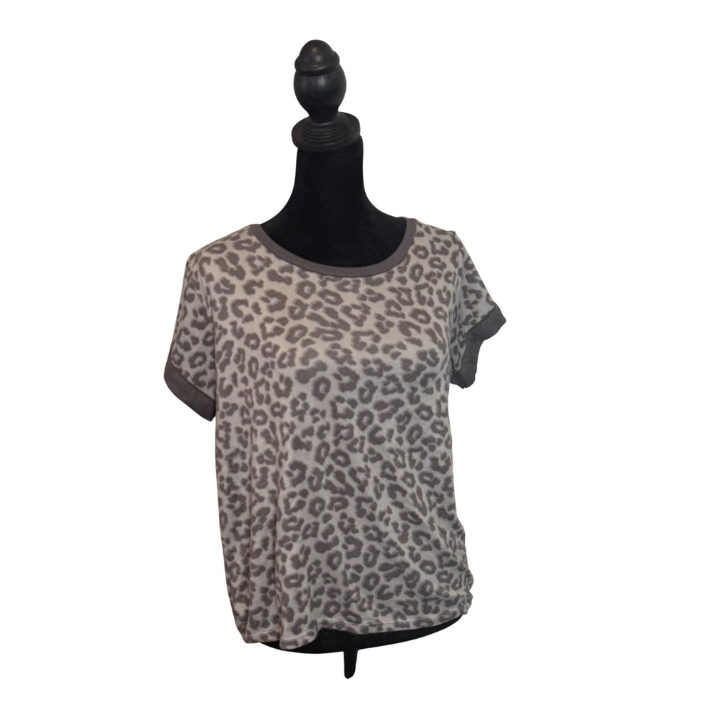 Lucky Brand Soft Knit Leopard Print Short Sleeve Top Gray Size S‎ Animal Print